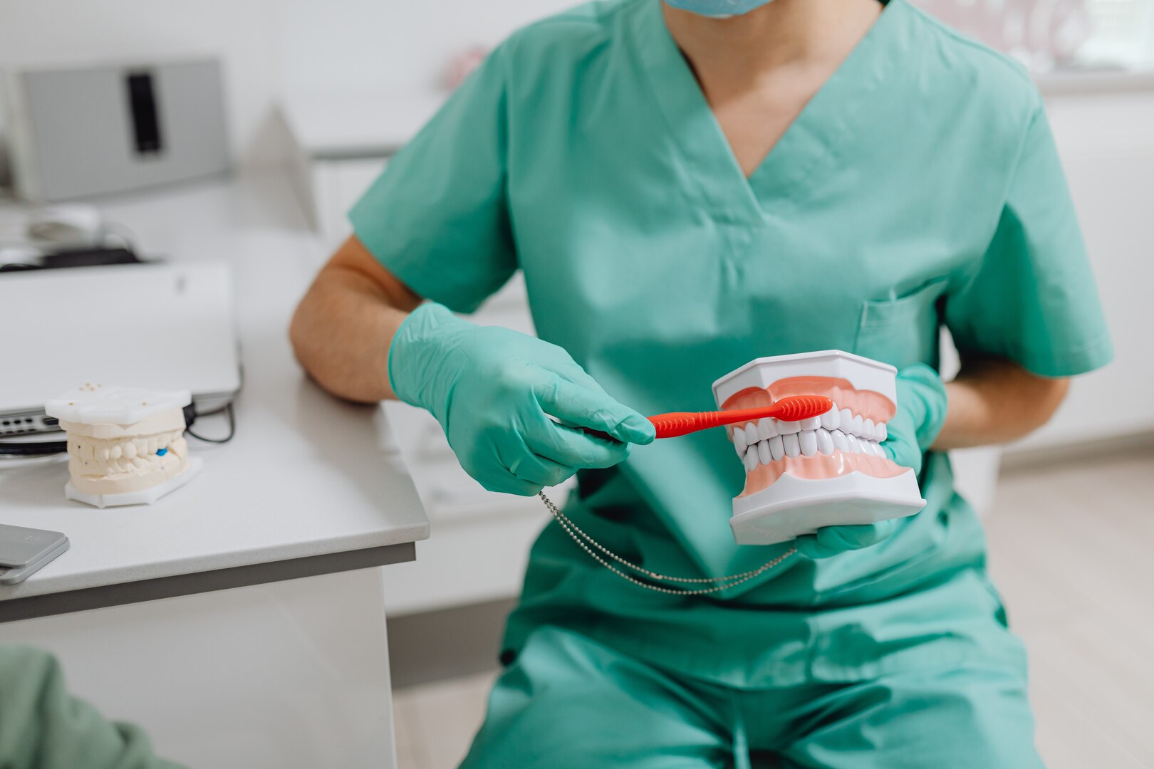 toothbrush on a human teeth model in dental clinic